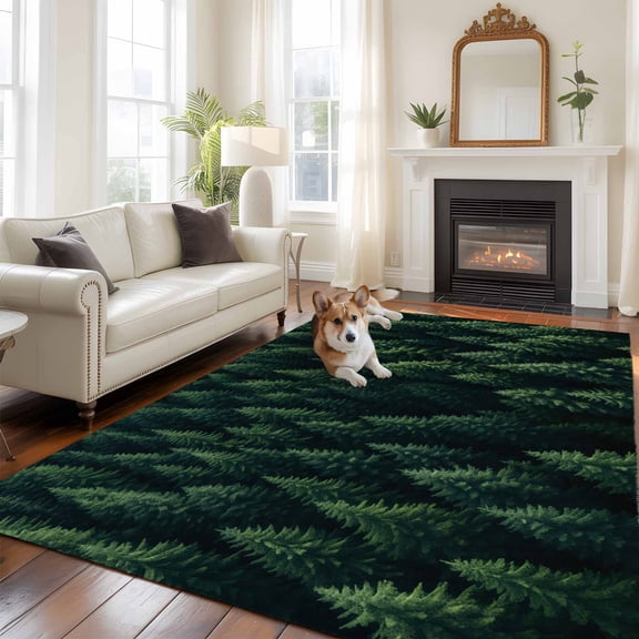 Green Forest Area Rug 5x8 FT, Non Slip Bedroom Throw Carpet, Modern Pine Trees Mysterious Art Washable Soft Floor Carpet Non-Shedding Rug for Living Room Nursery Dorm Office