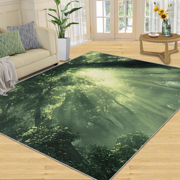 Green Forest Area Rug, Jungle Woodland Washable Rug, Soft Non Slip Carpet for Living Room Bedroom Home Decor 2x3ft