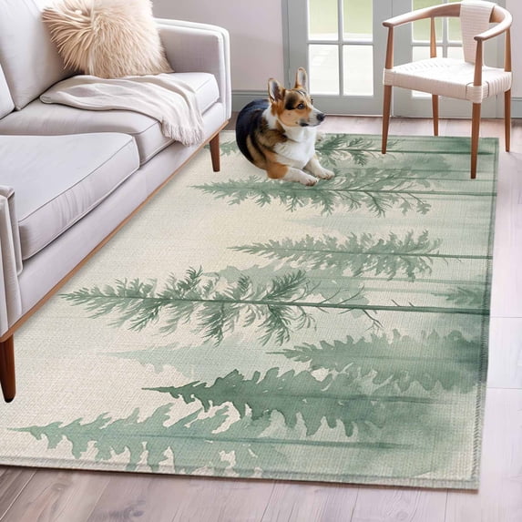 Green Forest Area Rugs 3x5 ft Watercolor Misty Green Tall Trees Linen Texture Washable Rug Non Slip Indoor Carpet Absorbent Floor Mat for Living Room Bedroom Dining Room