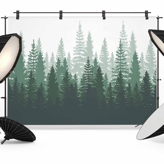 Green Forest Backdrop for Photography, Nature Woodland Tree Misty Forest Silhouette Landscape Photo Backdrop Portrait Background Party Banner Photo Backgrounds for Studio Booth Props, 10x8ft
