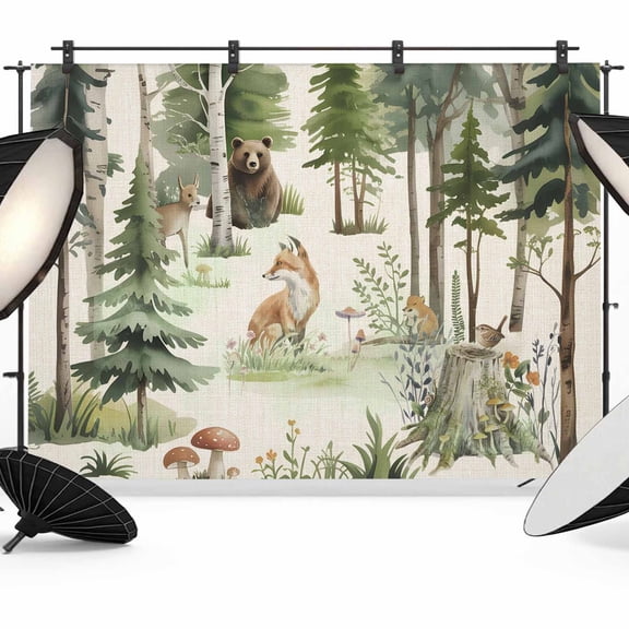 Green Forest Backdrop for Photoshoot,Photography Photo Studio Background Wall Backdrop,Modern Art Animals Watercolor Rustic Back Drop Banner Panel for Portraits Wedding Party Live Streaming 7x5Ft