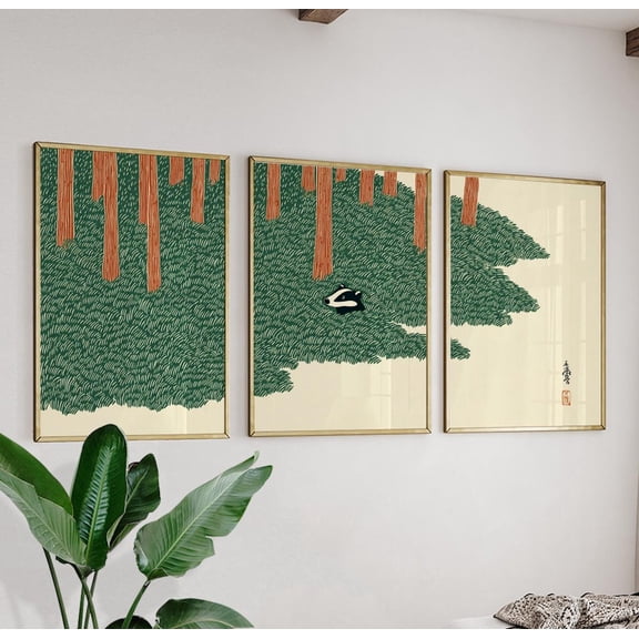 Green Forest Badger Poster Set Japanese Nature Animal Wall Art Minimalist Botanical Decor