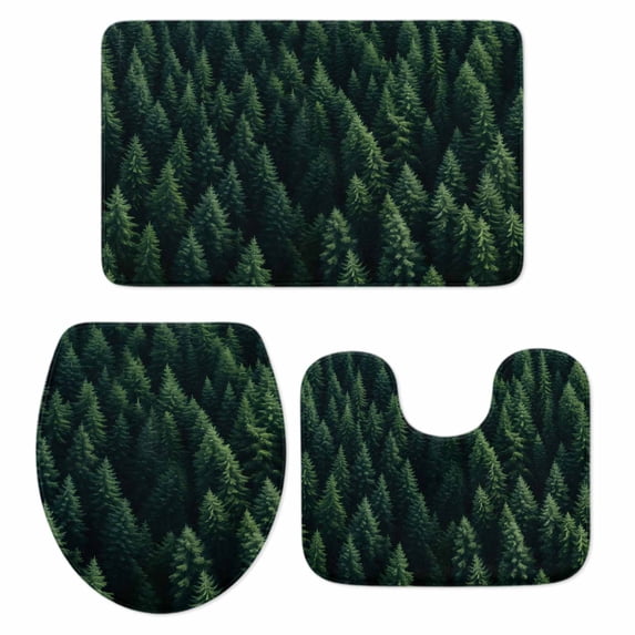 Green Forest Bath Mat 3 Piece Bathroom Rug Set, Modern Pine Trees Mysterious Art Non Slip Bath Rug Contour Mat and Toilet Lid Cover, Absorbent Shower Mats Soft Bath Rugs and Mats Sets