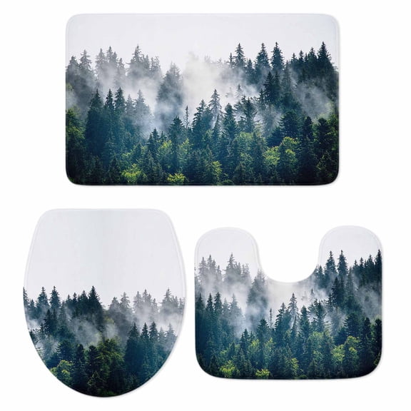 Green Forest Bath Mat 3 Piece Bathroom Rug Set, Natural Landscape Modern Abstract Art Non Slip Bath Rug Contour Mat and Toilet Lid Cover, Absorbent Shower Mats Soft Bath Rugs and Mats Sets
