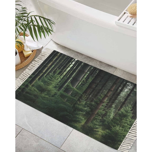 Green Forest Bath Rug 2x3ft Woven Bathroom Entryway Runner Rug,Mysterious Primitive Forest Pine Tree Washable Living Room Hallway Bedroom Kitchen Carpet with Tassels,Indoor Outdoor Throw Doormat