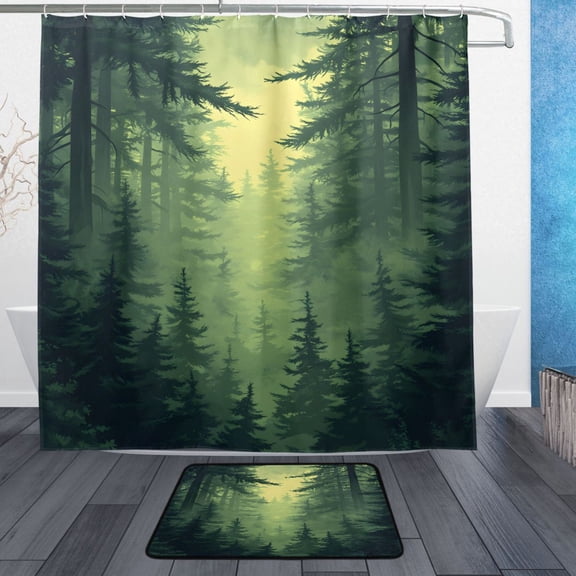 Green Forest Bathroom Accessory Sets Waterproof Shower Curtain with Anti-Slip Bath Mat Durable Combo