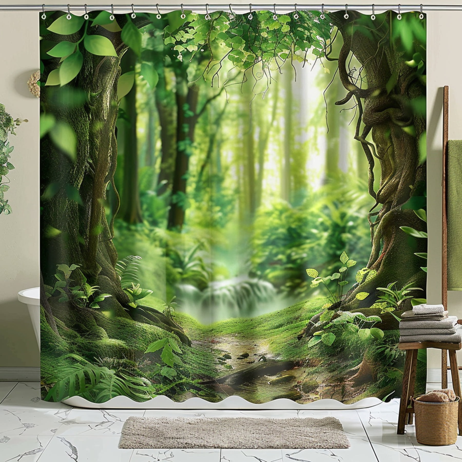 Green Forest Bathroom Curtain Realistic Style Shower Curtain for Nature ...