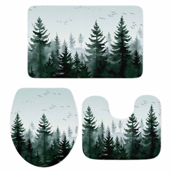 Green Forest Bathroom Rugs Set Tree Landscape Non Slip Absorbent Soft Bath Mats 3 Piece Set with Bathroom Rug, U-Shaped Floor Mat, Toilet Seat Cover Large Size