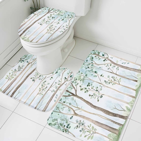 Green Forest Bathroom Rugs Set Watercolor Vintage Branches Leaf Botanical Country Non Slip Absorbent Soft Bath Mats 3 Piece Set with Bathroom Rug, U-Shaped Floor Mat, Toilet Seat Cover Small Size