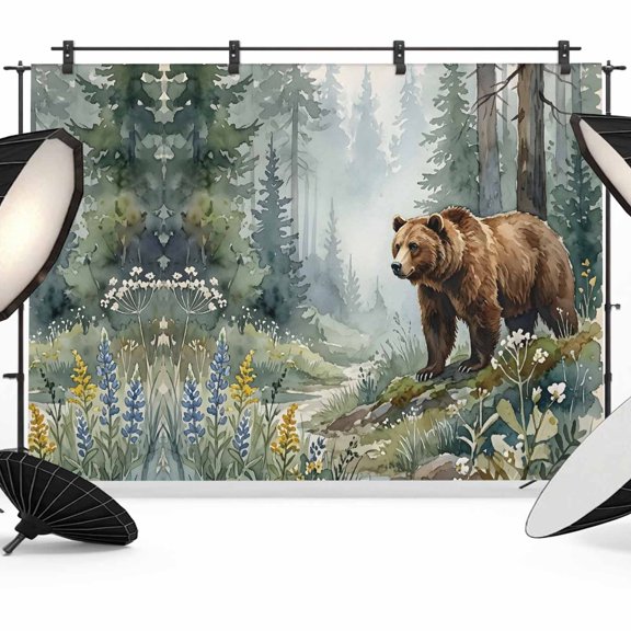 Green Forest Bear Backdrops for Photography, Rustic Mountain Stream Wildflowers Pine Tree Fabric Photo Background Sturdy Studio Props for Photo Studio, Video Recording, Booth & Photoshoot 12x8ft
