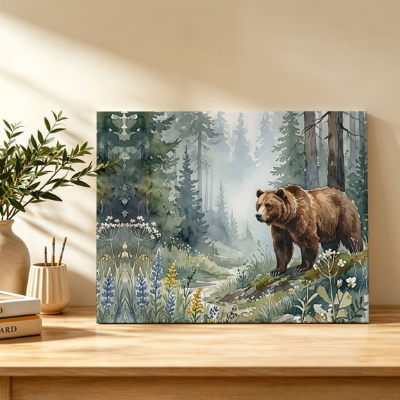 Green Forest Bear Canvas Wall Art, Rustic Mountain Stream Wildflowers Pine Tree Wall Art Prints Artwork Framed Canvas Ready to Hang Art Pictures for Bathroom, Dressing Table, Entryway 12" x 8"