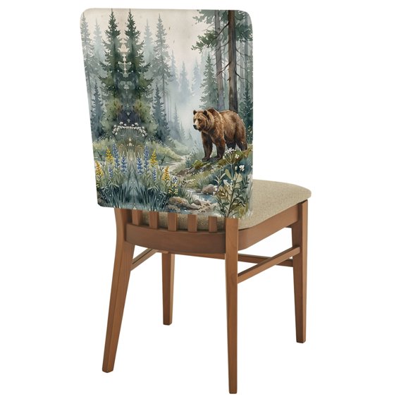 Green Forest Bear Chair Back Covers Set of 1 Rustic Mountain Stream Wildflowers Pine Tree Removable Dining Chair Slipcovers Washable Seat Protector for Restaurant Party Banquet Kichen Decor