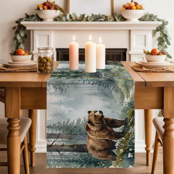 Green Forest Bear Dining Table Runner, Rustic Mountain Stream Wildflowers Pine Tree Washable Table Runners Kitchen Coffee Table Center Decor for Home Party Holiday Wedding 13 x 36 Inches