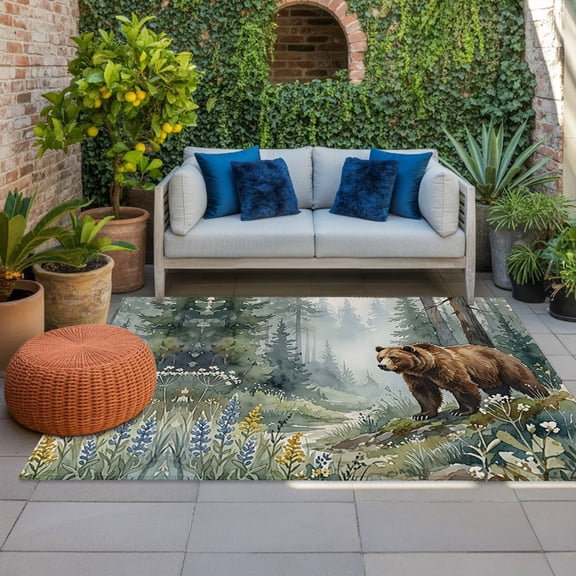 Green Forest Bear Indoor Outdoor Rugs 4x6 Ft, Rustic Mountain Stream Wildflowers Pine Tree Outdoor Patio Rugs Mat Washable Outside Area Rugs Carpet for Porch Deck RV Camping Pool Balcony Backyard