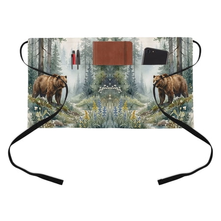 Green Forest Bear Kitchen Restaurant Half Waist Apron, Rustic Mountain Stream Wildflowers Pine Tree Server Short Apron with 3 Pockets Waterproof Oil Waist Aprons for Women Waitress Waiter