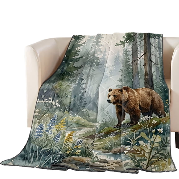 Green Forest Bear Quilted Comforters Cooling Blanket Oversized King Size, Rustic Mountain Stream Wildflowers Pine Tree Cold Comfort for Hot Sleepers Lightweight Air Conditioning Quilt Blanket for Bed