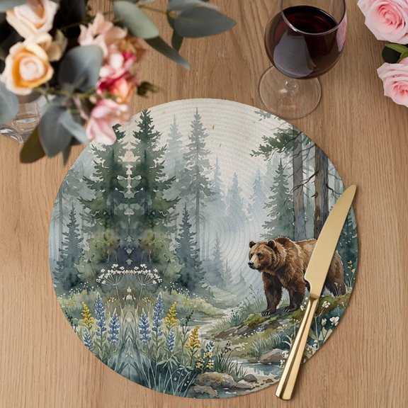 Green Forest Bear Round Braided Placemats Set of 1, Rustic Mountain Stream Wildflowers Pine Tree Heat Insulation Place Mats Washable Non-Slip Table Mats for Kitchen Dining Party, 13 Inches