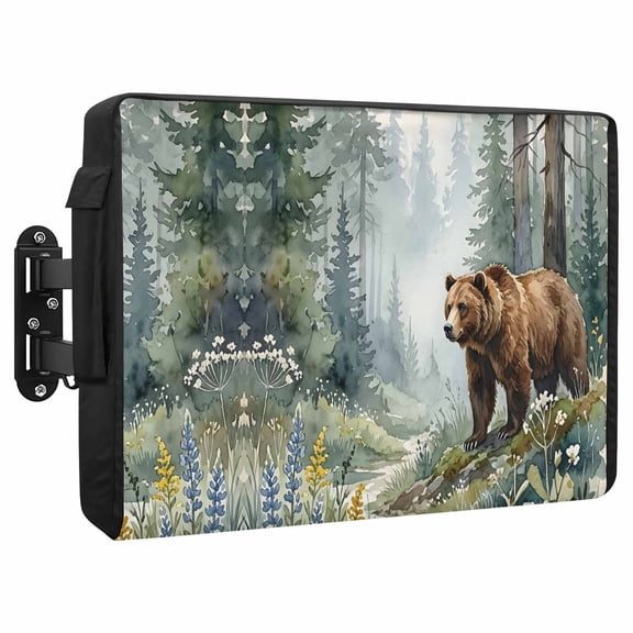 Green Forest Bear Waterproof Outdoor TV Cover, Rustic Mountain Stream Wildflowers Pine Tree Outside Weatherproof TV Enclosures for 80 to 85 Inch LCD Television Shield Flat Screen Protectors