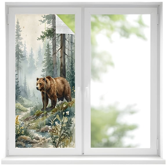 Green Forest Bear Window Privacy Film Rustic Mountain Stream Wildflowers Pine Tree Decorative Glass Window Film UV Blocking Static Cling Non-Adhesive Sticker Covering for Home Door 17.7 x 39.3 inches