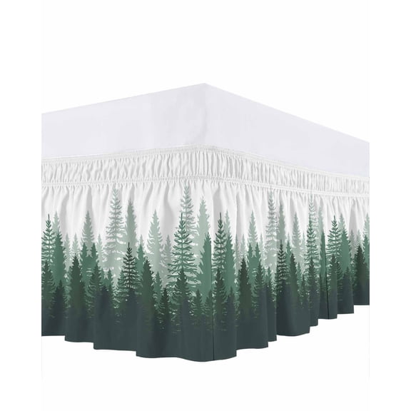 Green Forest Bed Skirt King Size 16 Inch Drop, Nature Woodland Tree Misty Forest Silhouette Landscape Wrap Around Dust Ruffle Bedskirts, Easy Fit Bedskirt with Adjustable Elastic