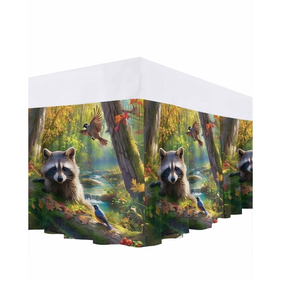 Green Forest Bed Skirt King Size 18 Inch Drop, Animal Raccoon Wrap Around Dust Ruffle Bedskirts, Wrinkle & Fade Resistant Easy Fit Bedskirt with Adjustable Elastic