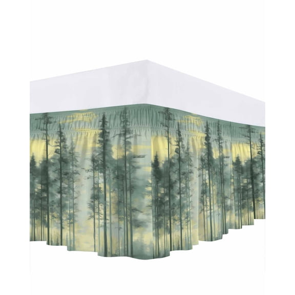Green Forest Bed Skirt Queen Size, Modern Oil Painting Art Botanical Wrap Around Bed Skirting with Adjustable Elastic Strap, Dust Ruffle Pleated Bedskirts 16 Inch Drop for Bedroom Queen Beds