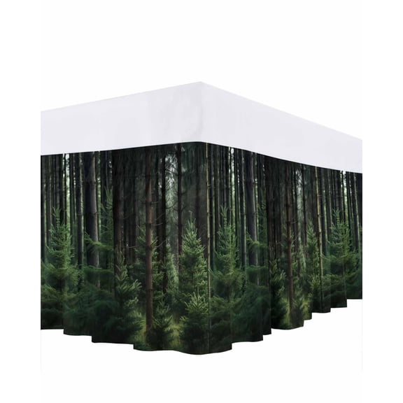 Green Forest Bed Skirt Queen Size, Mysterious Primitive Forest Pine Tree Wrap Around Bed Skirting with Adjustable Elastic Strap, Dust Ruffle Pleated Bedskirts 16 Inch Drop for Bedroom Queen Beds