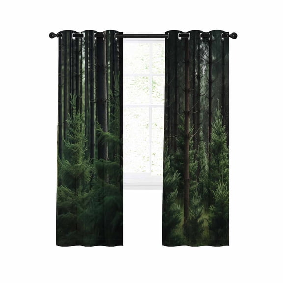 Green Forest Blackout Curtains 39 Inches Long for Bedroom, Mysterious Primitive Forest Pine Tree Thermal Insulated Room Darkening Black Out Window Curtain Panels Grommet Drapes for Living Room