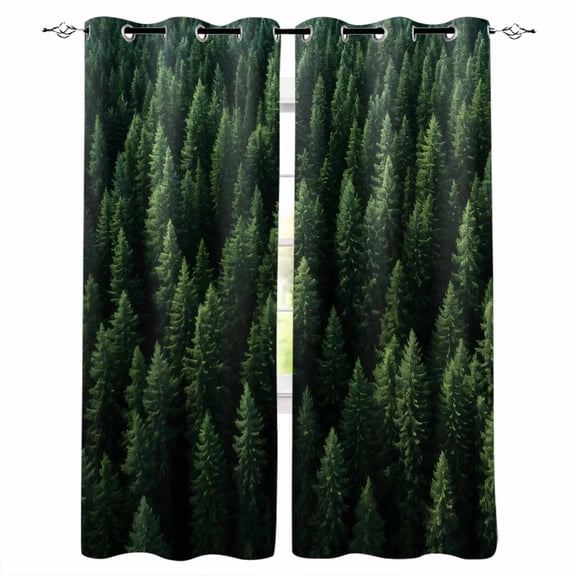 Green Forest Blackout Curtains 45 Inches Long, Pine Trees Modern Mysterious Art Thermal Insulated Black Out Curtains, Small Darkening Window Curtain Drapes for Cafe Bedroom 42"x45" 2 Panels