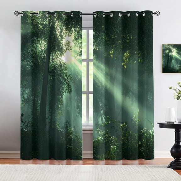Green Forest Blackout Curtains, Natural Landscape Bedroom Curtain, Sunny Jungle Living Room Curtains, Retro Forest Room Divider Curtain For Balcony 52"W x 96"L (Pack of 2)