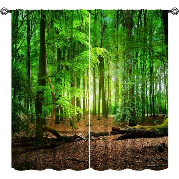 Green Forest Blackout Curtains Rustic Nature Landscape Green Trees Forest Art Printed for Bedroom Living Room Bathroom Rod Pocket Decoration Window Drapes 2 Panels W26xL84in