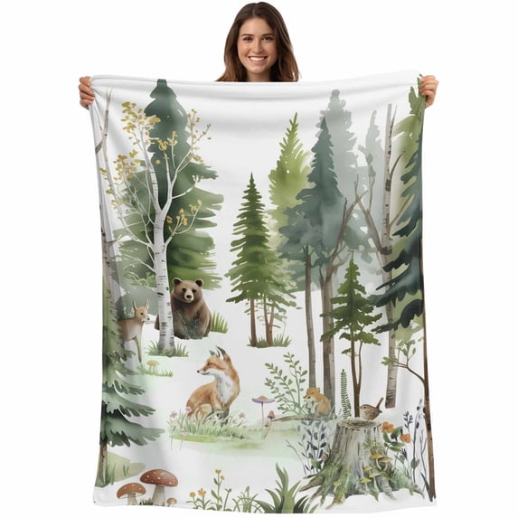 Green Forest Blanket Soft Cozy Warm Throw Blanket for Couch, Plush Fuzzy Flannel Fleece Blankets for Sofa, Animals Modern Art Watercolor Bed Blankets Lightweight Gifts for Women, 30"x40"