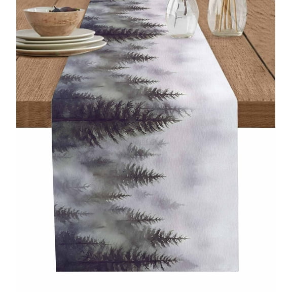 Green Forest Burlap Cotton Table Runner 13x60 Inches Long, Vintage Rustic Pine Trees Nature Landscape Farmhouse Table Runners, Outdoor Dining Tablecloths Decor for Baby Shower/Party/Wedding