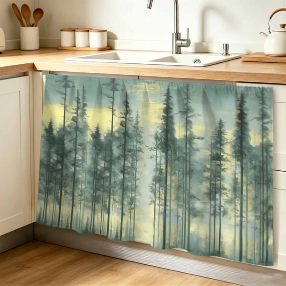 Green Forest Cabinet Curtain 32"Wx55"L, Dustproof Pantry Door Curtain with Self Adhesive Tape, Modern Oil Painting Art Botanical Tall Storage Cover Privacy Drape for Bathroom Kitchen Laundry Room