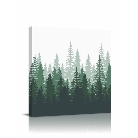 Green Forest Canvas Wall Art, Nature Woodland Tree Misty Forest Silhouette Landscape Framed Wall Decor Modern Artwork Prints Painting for Living Room, Bedroom, Kitchen & Cafe Decor 28x28 Inch