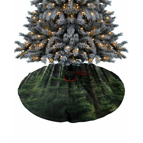 Green Forest Christmas Tree Skirt 48 Inches Large Christmas Skirt Tree, Mysterious Primitive Forest Pine Tree Tree Skirt Christmas Decorations for Fireplace Party Holidays Indoor Outdoor