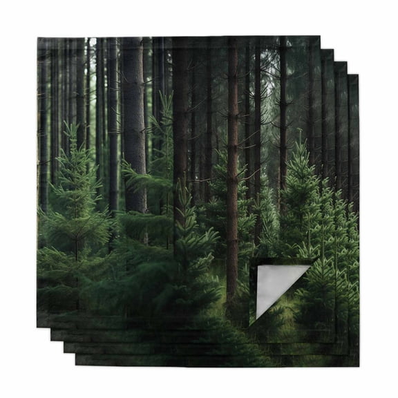 Green Forest Cloth Napkins, Mysterious Primitive Forest Pine Tree Washable and Reusable Dinner Napkins Set of 4, Table Napkin for Kitchen Party Birthday Wedding Hotel Housewarming 20"x20"