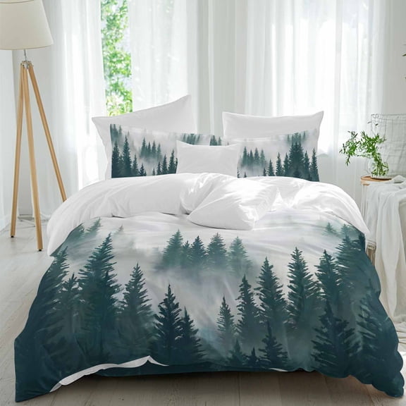 Green Forest Comforter Set California King Size, Misty Pine Trees Foggy Green Trees Soft Bedding Set for Man Woman, 4 Pieces Duvet Cover Set with Fitted Sheet, 2 Pillowcases