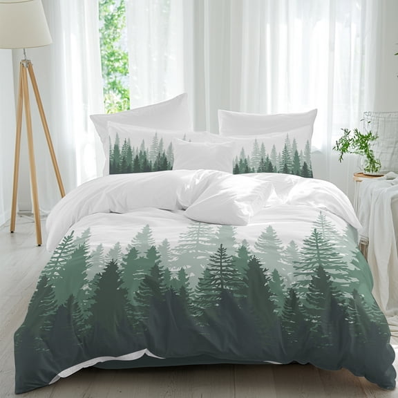 Green Forest Comforter Set Full Size, Nature Woodland Tree Misty Forest Silhouette Landscape Soft Bedding Set for Man Woman, 4 Pieces Duvet Cover Set with Fitted Sheet, 2 Pillowcases