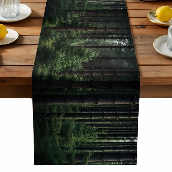 Green Forest Cotton Linen Table Runner for Dining Kitchen, Mysterious Primitive Forest Pine Tree Wedding Outdoor Party Tablerunners Decoration, Dresser Scarf Coffee Tablecloth Runners 13x72 Inches