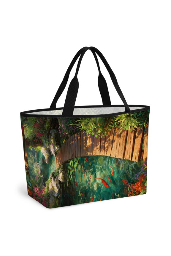 Green Forest Creek Bridge Beach Bag for Women, Large Breathable Mesh Beach Tote Bag, Spring Floral Botanical Sandproof Lightweight Travel Bags for Vacation Picnic Swimming Pool 15.7"x15.7"x9.1"