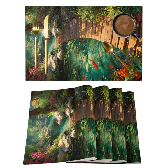 Green Forest Creek Bridge Placemats Set of 4 Spring Floral Botanical Place Mats Indoor Wipeable Table Mats Washable Cloth Dining Table Placemats for Kitchen Holiday Party Home Decor 13x19 Inch