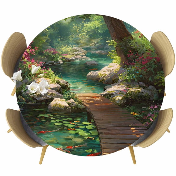Green Forest Creek Bridge Round Tablecloth 36-44 Inch Round Fitted Table Cloth with Elastic Edge, Spring Floral Botanical Waterproof Table Cover Protector for Outdoor Picnic Party Dining