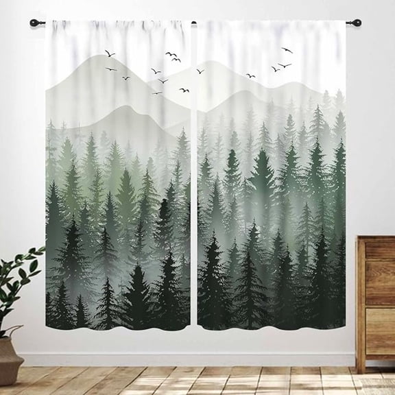 Green Forest Curtains For Bedroom, Misty Mountain Nature Window Treatment Tree Woodland Rod Pocket Cafe Curtains For Bathroom Dining Laundry Room Window Drapes 53"W x 84"L (Pack of 2)
