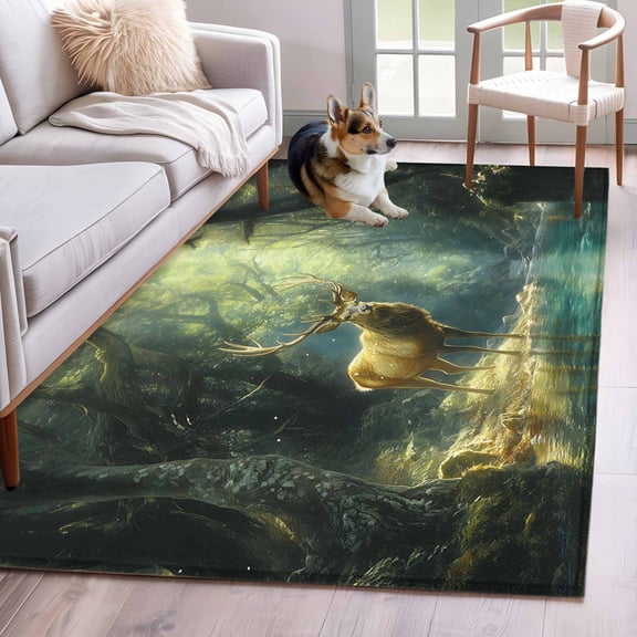 Green Forest Deer Area Rug 3x5 Washable Rug Non Slip Fantasy Vintage Nature Scenery Large Area Rug Indoor Floor Carpet for Entryway Bedroom Kitchen Living Room Home Office Dining Room Nursery