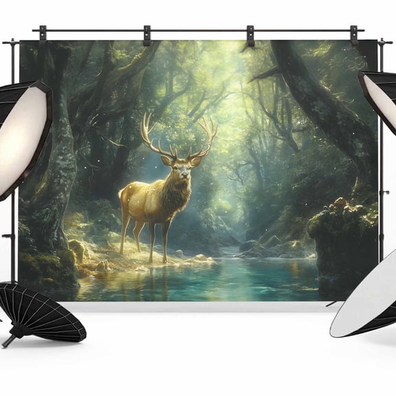 Green Forest Deer Backdrop for Photography,Fabric Photo Background Backdrop,Fantasy Vintage Nature Scenery Photo Booth Background for Portrait Photoshoot Video Wedding Studio Decoration Banner 7x5ft