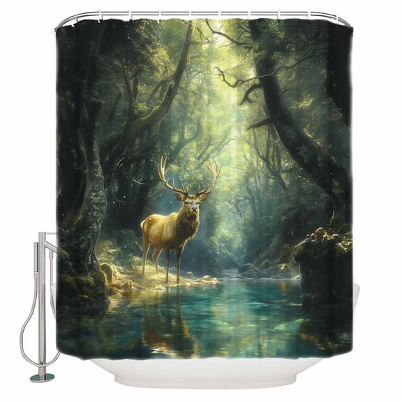 Green Forest Deer Bathroom Shower Curtains with 12 Hooks Polyester Waterproof Shower Curtain for Stalls and Bathtubs Fantasy Vintage Nature Scenery Decorative Bathroom Privacy Curtain 72x72 Inches