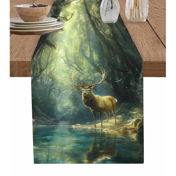 Green Forest Deer Burlap Cotton Table Runner 13x60 Inches Long, Fantasy Vintage Nature Scenery Farmhouse Table Runners, Outdoor Dining Tablecloths Decor for Baby Shower/Party/Wedding