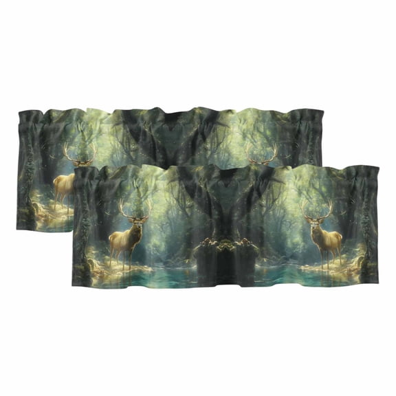 Green Forest Deer Curtain Valances for Windows, Kitchen Valance Window Treatments Panel 2 Pack, Fantasy Vintage Nature Scenery Rod Pocket Short Curtains for Bathroom Bedroom 42 x 18 Inch