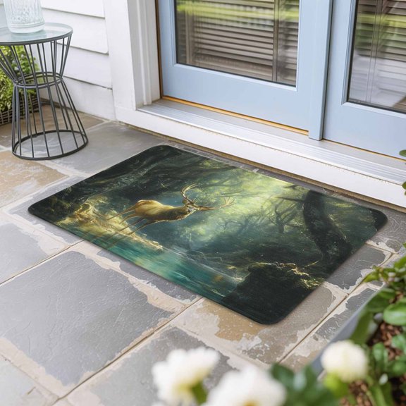 Green Forest Deer Door Mat Indoor Outdoor, Fantasy Vintage Nature Scenery Non Slip Welcome Mat with Rubber Backing, Absorbent Fabric Front Door Mats Entryway Rug for Home Patio Entrance 16"x24"